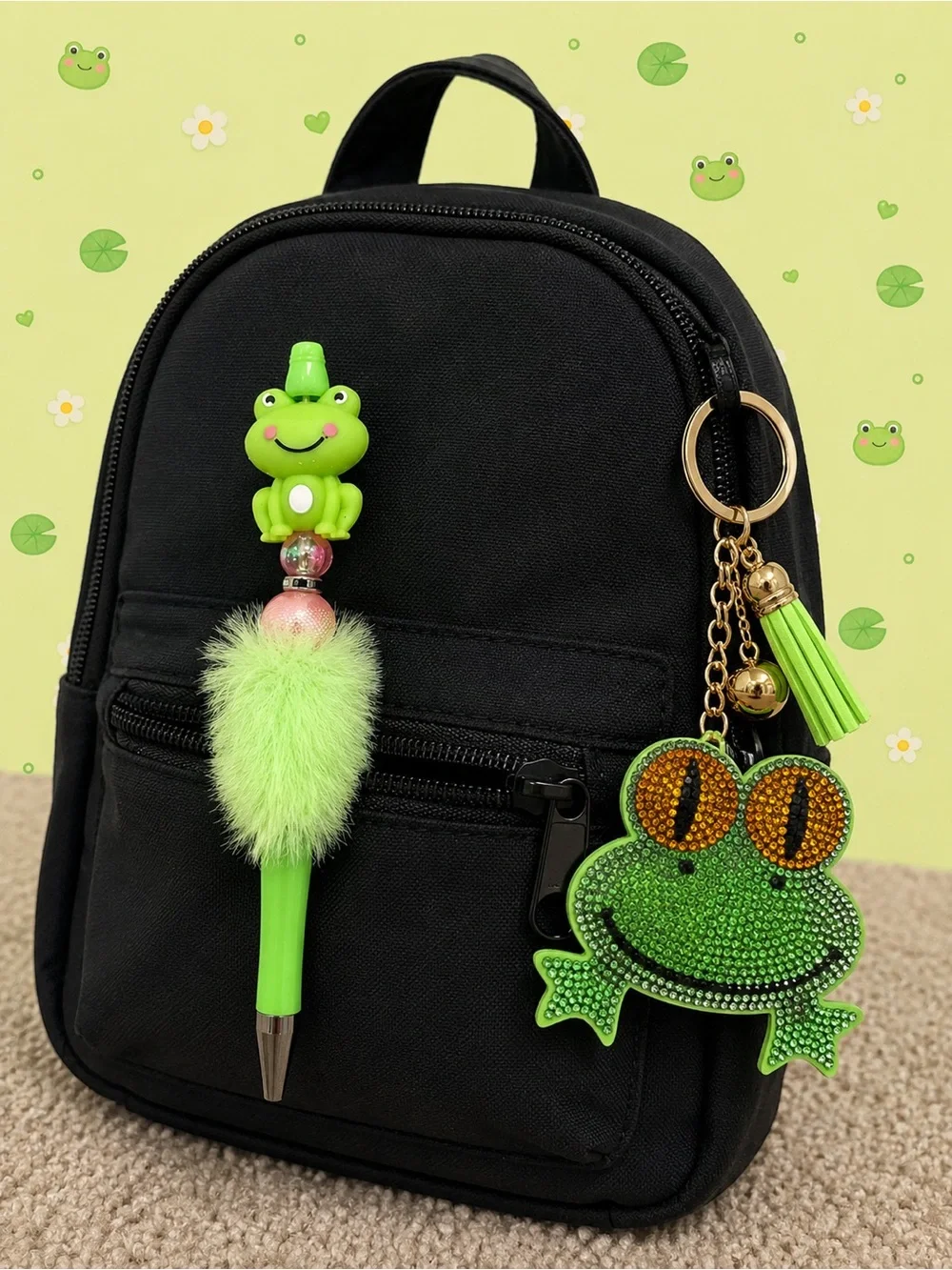 Handmade frog beaded pen with a Green rhinestone frog keychain/bag charm
